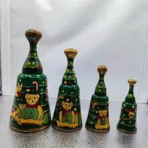 Vintage Wooden Christmas Bells Set of 4
